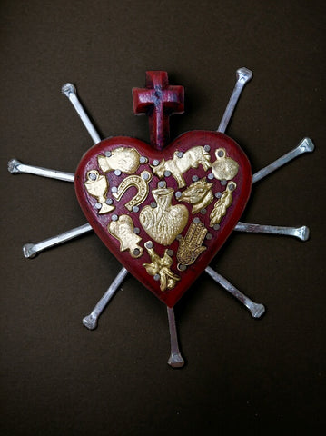 Scarlet Sacred Heart with Milagros and Nails